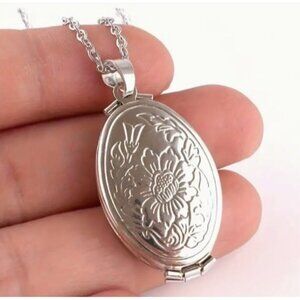 Silver Stainless Steel Floral Oval 4-Photo Locket Pendant Necklace